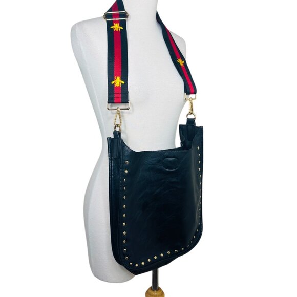 Ahdorned Studded  Leather Messenger Bag Embroidered Bee Strap & Gold Hardware - Picture 7 of 9